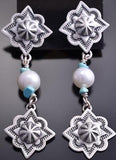 ZBM Silver & Turquoise & Fresh Water Pearl Navajo Concho Earrings Erick Begay 8G30K