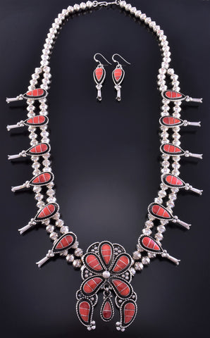 Silver and Coral Squash Blossom Necklace by Susie Lawsayate 2K25A