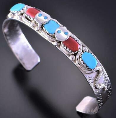 Silver & Turquoise and Coral Snake Zuni Bracelet Effie C 2D12V