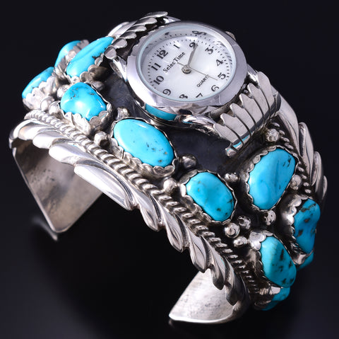 Vintage Silver & Turquoise Navajo Watch Bracelet w/ watch by Victor Chee 5L10U