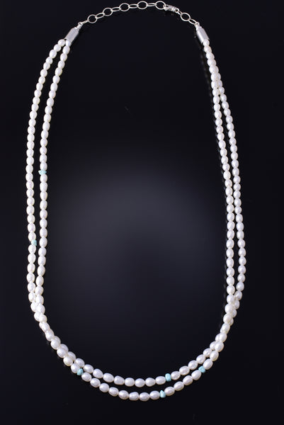 26" 2 Strand Fresh Water Pearl & Turquoise Navajo Necklace by Erick Begay 5H03O