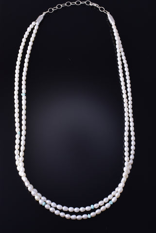 26" 2 Strand Fresh Water Pearl & Turquoise Navajo Necklace by Erick Begay 5H03O
