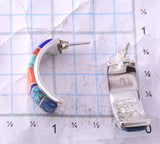 Silver & Turquoise Multistone Navajo Inlay Half Hoop Earrings by TSF 3L10T