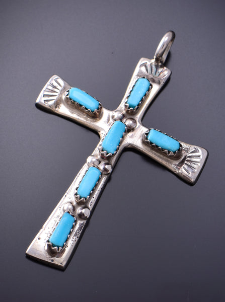 Silver & Turquoise Zuni Handmade Cross Pendant by C. Iule 3F10Z