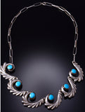 Vintage `18" Silver & Turquoise Navajo Flow Sandcast Necklace 5J29L
