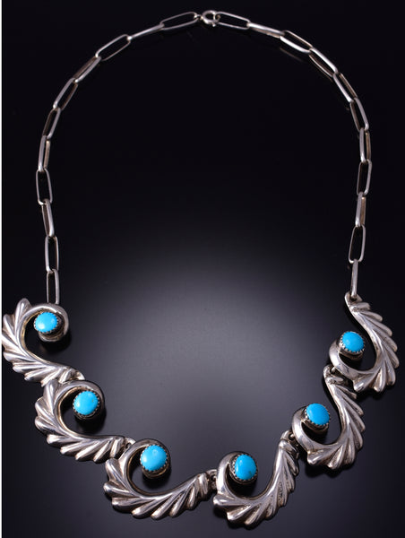 Vintage `18" Silver & Turquoise Navajo Flow Sandcast Necklace 5J29L