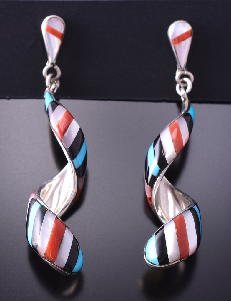 Silver Turquoise Multistone Zuni Inlay Swirl Earrings by Idella Edaa N8tiveArts