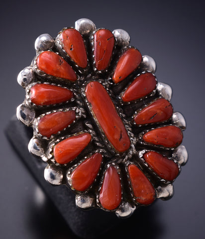 Vintage Size 4-1/4 Silver & Coral Navajo Cluster Ring 6G29A