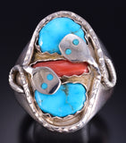 Size 13.5 Silver & Turquoise Zuni Snake Eyes Men's Ring - Effie Calavaza 5L05R
