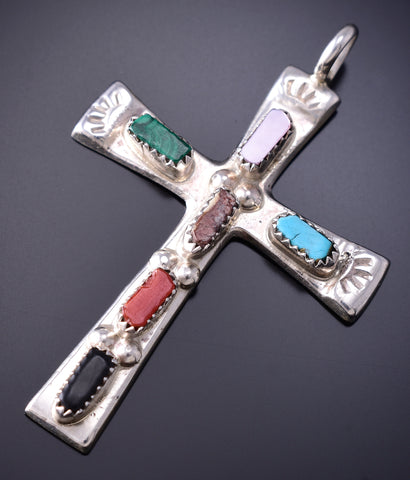 Silver & Turquoise Multistone Zuni Handmade Cross Pendant by Cecilia Iule 6G29D