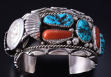 Vintage Silver & Turquoise w/ Coral Navajo "Watch on Side" Watch Bracelet 5K17A