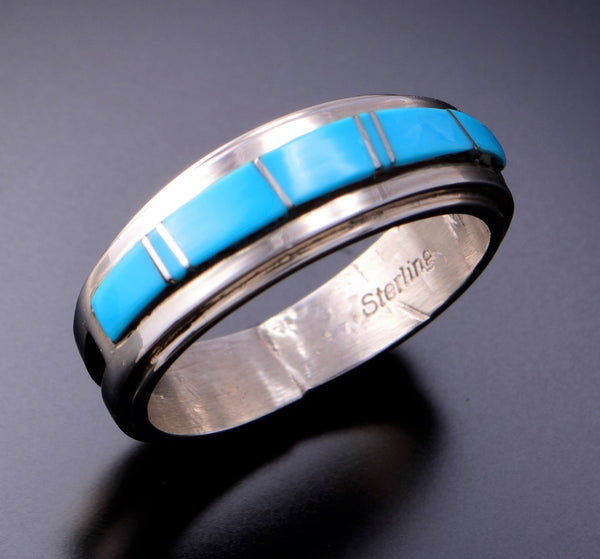 Size 8 Turquoise Inlay Ring Navajo handmade 3E18B