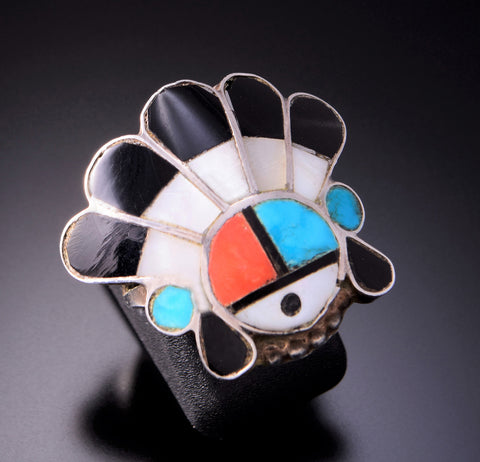 Size 6 Vintage Zuni inlay Sun Face Kachina Ring 3E10F