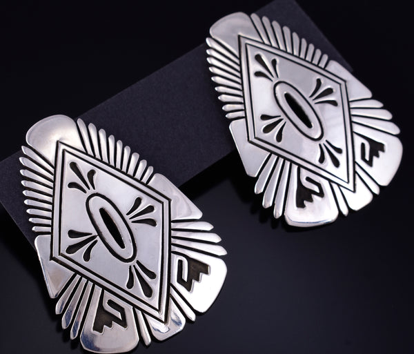 Vintage Silver Navajo Handmade Statement Earrings by Steven Begay 5K22Q