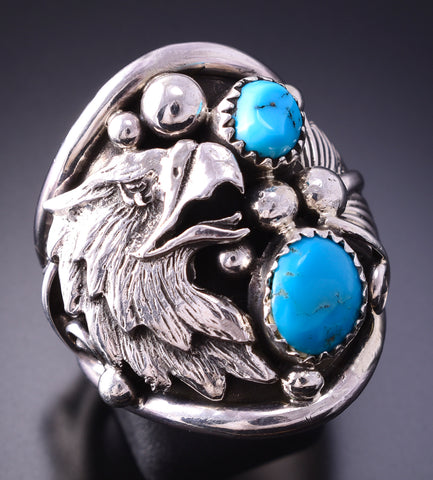 Size 9-3/4 SIlver & Turquoise Navajo Eagle Ring by Jeanette Saunders 4A12F