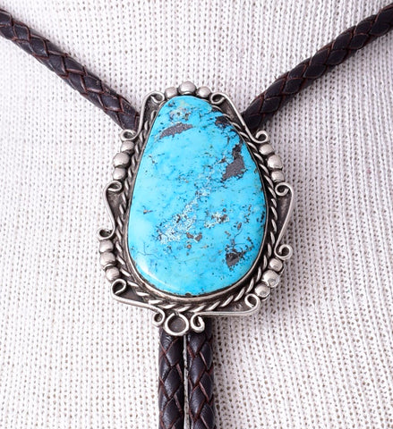 Vintage Navajo Sterling Silver and Morenci Turquoise Bolo Tie 5L23Z