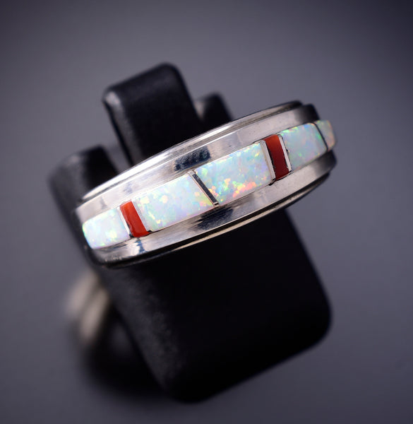 Size 6-1/2 Navajo Opal and Red Coral Inlay Ring by Wilbert Muskett 6K22X