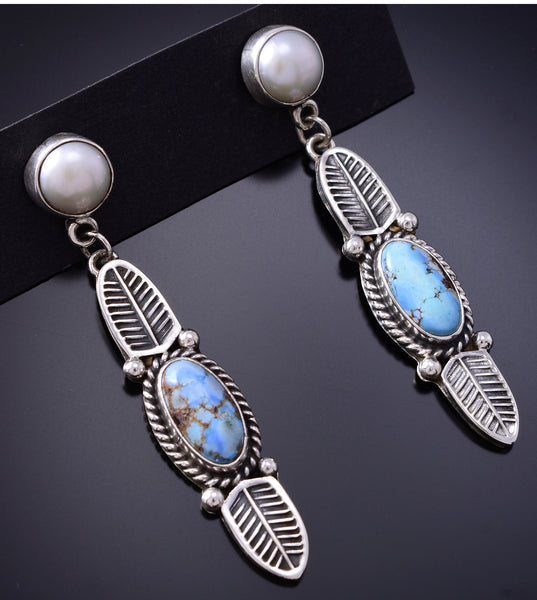 Silver & Golden Hills Turquoise Fresh Pearl Navajo Earrings by Erick Begay 6F27D