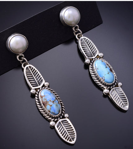 Silver & Golden Hills Turquoise Fresh Pearl Navajo Earrings by Erick Begay 6F27D