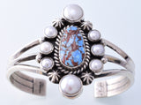 Silver & Golden Hills Turquoise & Pearl Navajo Bracelet by Erick Begay 3H19M