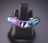 Size 6-3/4 Silver & Turquoise Multistone Navajo Inlay Dip Ring by Roseanne Long 3F22U