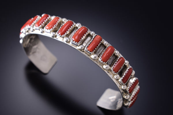 Large Size 15 Coral Stone Navajo Bracelet by Brian Jones 6K28P