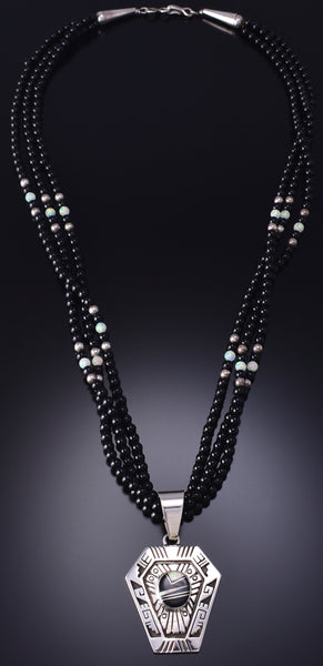 Vintage 23" Silver & Onyx w/ Opal Navajo Inlay Necklace by CL 6H06Y