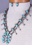 Traditional Kingman Turquoise Silver Navajo Squash Blossom Necklace By Betta Lee 5L23G