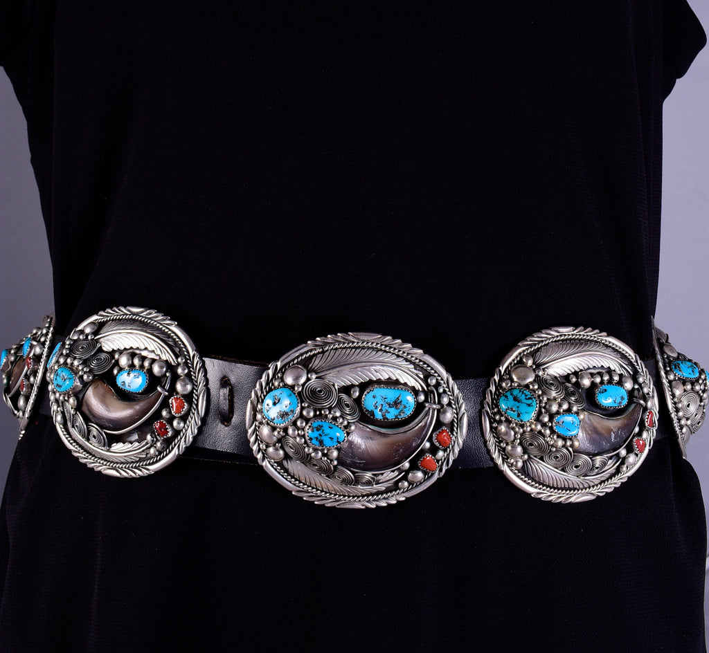 Vintage Concho Belt by Elaine Sam Turquoise, Coral and Bearclaws