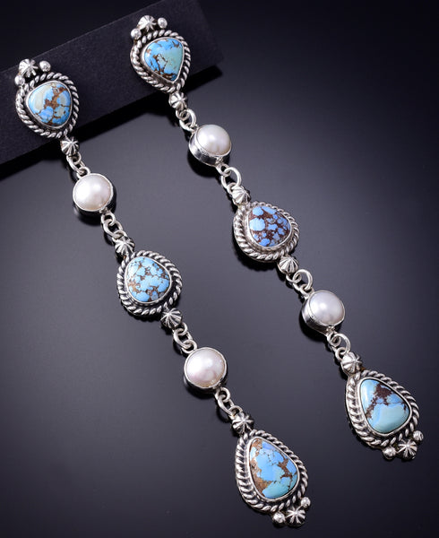 Silver & Golden Hills Turquoise w/ Fresh Pearl Navajo Earrings Erick Begay 6H16M