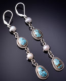 Silver & Golden Hills Turquoise w/ Fresh Pearl Navajo Earrings Erick Begay 6F27A