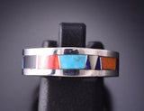 Size 6-3/4 Silver & Turquoise Multistone Navajo Inlay Ring by TSF 3L13R