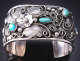 Silver & Turquoise Navajo Feathers 'n Flowers Bracelet by Jerry Thompson 6H31W