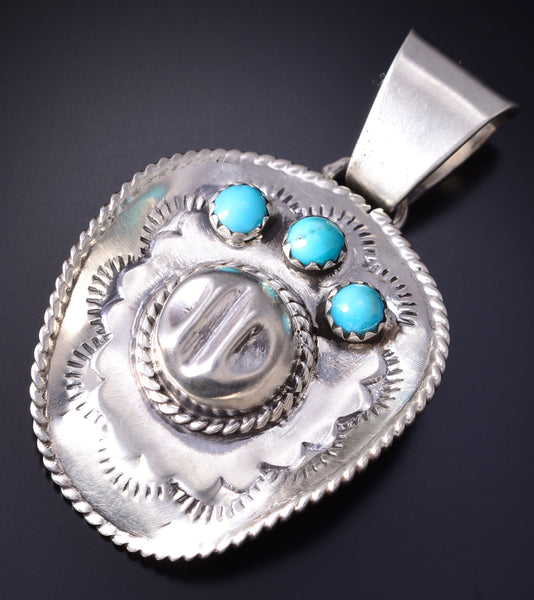 Silver & Turquoise Navajo Handmade Cowboy Hat Pendant by Bobby Platero 6J30P