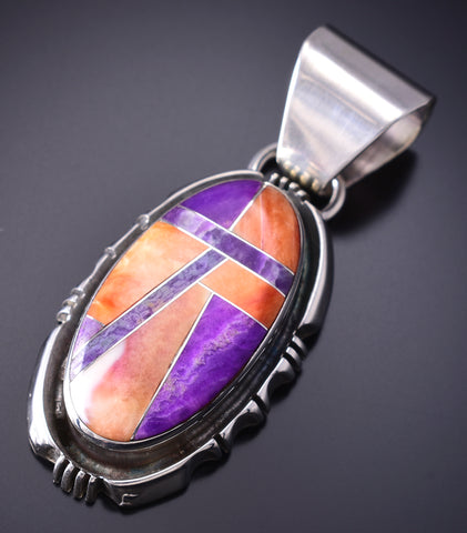 Vintage Silver & Spiny Oyster Shell Navajo Inlay Pendant by Pete Sanchez 6D28F
