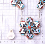 Silver & Turquoise Multistone Zuni Inlay Flowers Necklace & Earring Set by Carol Niiha 3F19B