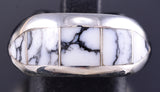 Size 9-3/4 Silver & White Buffalo Turquoise Navajo Inlay Ring by Norvin Johnson 5L25X