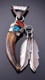 Silver & Turquoise & Coral with Claw Navajo Pendant by Ernest Hawthorne 3F05D