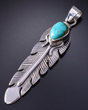 Silver & Turquoise Navajo Handmade Eagle Feather Pendant - June Delagarito 5L13A