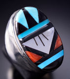Size 10-1/2 Silver Multistone Zuni Inlay Men's Ring by Gladys Lamy 6D27L