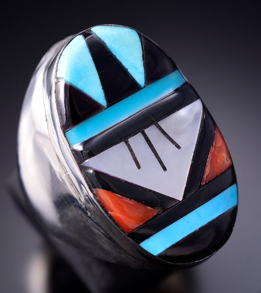 Size 10-1/2 Silver Multistone Zuni Inlay Men's Ring by Gladys Lamy 6D27L