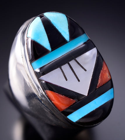 Size 10-1/2 Silver Multistone Zuni Inlay Men's Ring by Gladys Lamy 6D27L
