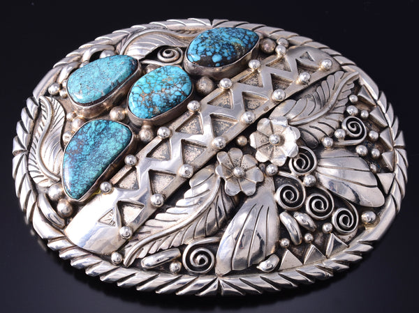 Heavy Vintage Silver & Turquoise Navajo Feathers Mountains Buckle by Fred Guerro 6A21Y