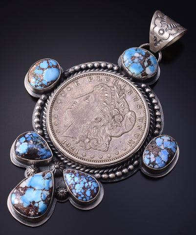 Silver & Golden Hills Turquoise Morgan Silver Dollar Coin Pendant by Nelson Nez 5J18N