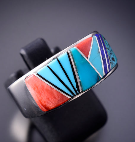 Size 10 Silver & Turquoise Multistone Navajo Inlay Men's Ring by TSF 3L07N