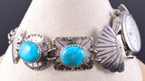 Vintage Silver & Turquoise Navajo Link Watch Bracelet w/ Watch - Ray Begay 5K22T