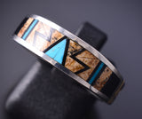 Size 10-3/4 Silver & Turquoise Multistone Navajo Inlay Ring - Allen Tolino 6F17G