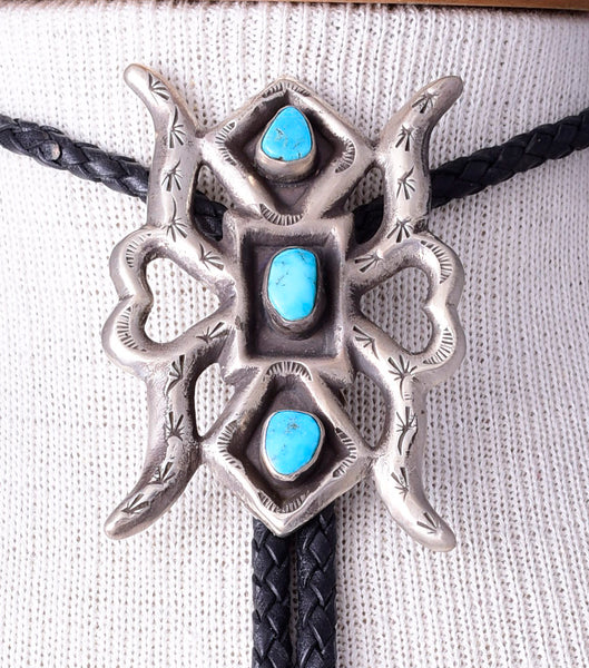 Vintage Navajo Silver Sand Cast Bolo Tie with Turquoise 5L23X