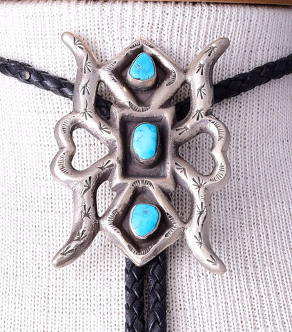 Vintage Navajo Silver Sand Cast Bolo Tie with Turquoise 5L23X