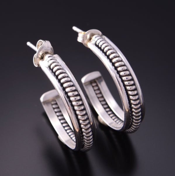 Silver Navajo Handmade Medium Hoop Earrings by Caroline Tsosie 3B10Y